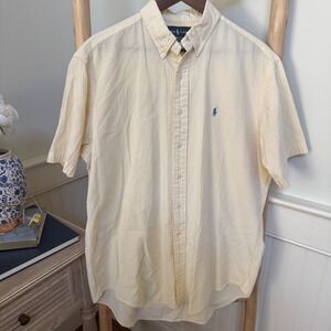 Ralph Lauren Mens Classic Fit Seersucker Short Sleeve Shirt Yellow White Large